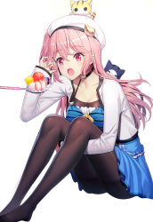 Rule 34 | 1girl, black pantyhose, blush, breasts, cat, cleavage, collarbone, food, full body, hair between eyes, hat, ice cream, knees to chest, large breasts, long hair, looking away, open mouth, original, pantyhose, pink eyes, pink hair, ririko (zhuoyandesailaer), simple background, sitting, solo, spoon, white background, white hat