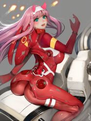 Rule 34 | 10s, 1girl, aqua eyes, arm behind back, ass, blush, bodysuit, bracelet, breasts, cockpit, darling in the franxx, eyeshadow, fringe trim, green eyes, hairband, highres, horns, jewelry, large breasts, long hair, looking at viewer, looking back, makeup, oni horns, parted lips, pilot suit, pink hair, randy (awesomevillage), red bodysuit, red horns, sitting, solo, straddling, straight hair, white hairband, zero two (darling in the franxx)