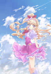 Rule 34 | 1girl, absurdres, arm behind back, blonde hair, blue sky, blush, bow, bowtie, closed mouth, cloud, cure miracle, day, floating hair, from side, hair bow, hairband, high-waist skirt, highres, layered skirt, long hair, looking at viewer, mahou girls precure!, miyama leaves, pink hairband, pink skirt, precure, purple eyes, red bow, red bowtie, shirt, short sleeves, skirt, sky, smile, solo, standing, very long hair, white shirt