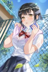 Rule 34 | 1girl, black hair, blue sky, blush, bottle, bow, bowtie, brand name imitation, breasts, brown eyes, building, chain-link fence, cloud, day, fence, grey skirt, holding, holding bottle, large breasts, looking at viewer, niwata0, original, outdoors, parted lips, pleated skirt, pocari sweat, red bow, red bowtie, school uniform, see-through, see-through shirt, shirt, short hair, skirt, sky, solo, striped bow, striped bowtie, striped clothes, upper body, water bottle, wet, wet clothes, white shirt