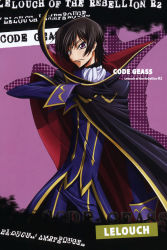 Rule 34 | 00s, 1boy, black gloves, black hair, cape, code geass, collar, contrapposto, cowboy shot, gloves, highres, lelouch vi britannia, long sleeves, looking at viewer, male focus, military, military uniform, purple eyes, skinny, slender, solo, standing, uniform