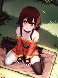 Rule 34 | 1girl, asymmetrical legwear, bandaged leg, bandages, bare shoulders, black gloves, black thighhighs, brown hair, closed mouth, collar, collarbone, day, dress, elementary, fingerless gloves, from above, full body, gloves, grass, highres, kono subarashii sekai ni shukufuku wo!, looking at viewer, megumin, mismatched legwear, off shoulder, outdoors, red dress, red eyes, short hair with long locks, single thighhigh, sitting, smile, solo, thighhighs, tree, wariza