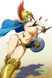 Rule 34 | 10s, 1girl, 2014, :o, armor, bikini armor, blue cape, boots, breast slip, breasts, brown eyes, cape, dated, female pubic hair, foreshortening, gladiator, gloves, greaves, helmet, holding, holding weapon, kon-kit, large breasts, leaning, loincloth, long hair, mask, multi-tied hair, navel, nipples, no panties, one breast out, one piece, open mouth, orange hair, pelvic curtain, profile, pubic hair, puffy nipples, rebecca (one piece), shadow, shield, signature, solo, sweat, sword, thigh gap, tile floor, tiles, underboob, wardrobe malfunction, warrior, weapon, wind, wind lift