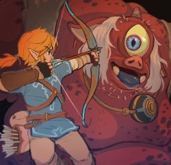 Rule 34 | 1boy, absurdres, arrow (projectile), belt, blonde hair, blue shirt, bow (weapon), bracelet, colored skin, cyclops, drawing bow, feet out of frame, highres, hinox, holding, holding bow (weapon), holding weapon, jewelry, layered sleeves, link, long sleeves, nintendo, one-eyed, pointy ears, ponytail, profile, red skin, shirt, short over long sleeves, short sleeves, solo, svv art, the legend of zelda, the legend of zelda: breath of the wild, weapon