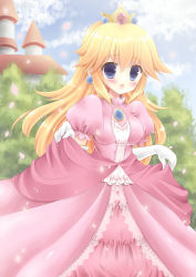 Rule 34 | 1girl, :d, bad id, bad pixiv id, blonde hair, blue eyes, blush, castle, crown, dress, earrings, elbow gloves, gloves, highres, holding, jewelry, kouta., long hair, mario (series), nintendo, open mouth, petals, pink dress, princess peach, smile, solo
