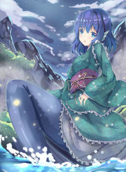 Rule 34 | 1girl, blue eyes, blue hair, cloud, cloudy sky, erimu, fins, head fins, japanese clothes, kimono, long sleeves, matching hair/eyes, mermaid, monster girl, obi, open mouth, sash, sitting, sky, solo, touhou, wakasagihime, water, wide sleeves