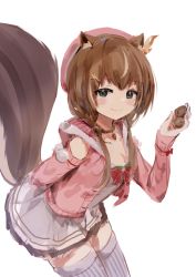 Rule 34 | 1girl, animal ears, arm behind back, ayunda risu, ayunda risu (1st costume), beret, bow, bowtie, brown hair, cardigan, closed mouth, commentary, food, green eyes, grey skirt, grey thighhighs, hair ornament, hairclip, hat, highres, holding, holding food, hololive, hololive indonesia, leaning forward, long hair, long sleeves, looking at viewer, nut (food), open cardigan, open clothes, orobou, pink cardigan, pink hat, red bow, red bowtie, simple background, skirt, solo, squirrel ears, squirrel girl, squirrel tail, striped clothes, striped thighhighs, tail, thighhighs, vertical-striped clothes, vertical-striped thighhighs, virtual youtuber, white background, zettai ryouiki