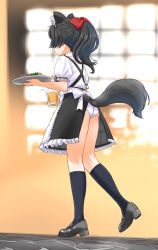 Rule 34 | 1girl, alcohol, animal ears, apron, ass, ass cutout, beer, beer mug, black footwear, black hair, black skirt, black socks, clothing cutout, commentary, crotch seam, cup, dog ears, dog girl, dog tail, frilled skirt, frilled sleeves, frills, from behind, full body, hair ribbon, highres, holding, holding cup, holding tray, kneehighs, kneepits, loafers, long hair, maid headdress, mary janes, medium skirt, motion lines, mug, original, panties, ponytail, puffy short sleeves, puffy sleeves, red ribbon, retsumaru, ribbon, shirt, shoes, short sleeves, skirt, socks, solo, spill, standing, standing on one leg, stone floor, sweatdrop, tail, tray, underwear, waist apron, waitress, walking, white apron, white panties, white shirt