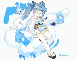 Rule 34 | 1girl, altaria, blush, castform, castform (normal), character name, commentary request, creatures (company), crossover, double bun, evolutionary line, eyelashes, flying miku (project voltage), game freak, gen 3 pokemon, gloves, hair bun, hair over one eye, hair ribbon, hatsune miku, long hair, loose socks, nintendo, one eye closed, platform footwear, pokemon, pokemon (creature), project voltage, ribbon, see-through, see-through shorts, see-through sleeves, socks, swablu, tooruruuu, twintails, vest, vocaloid, white background