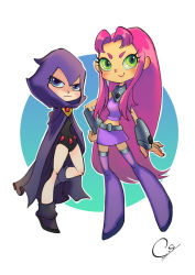 Rule 34 | 2girls, alien, artist request, belt, boots, cloak, colored sclera, dc comics, flying, green eyes, green sclera, hand on own hip, hood, leotard, midriff, multiple girls, pixie boots, purple footwear, purple skirt, raven (dc), red hair, shoes, skirt, smile, source request, starfire, teen titans, thigh boots, thighhighs, vambraces