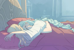 Rule 34 | 2girls, artist name, azura (fire emblem), bed frame, blanket, blue background, blue hair, blush, closed eyes, corrin (female) (fire emblem), corrin (fire emblem), fire emblem, fire emblem fates, highres, jewelry, long hair, long sleeves, messy hair, multiple girls, nintendo, pillow, pointy ears, ring, sleeping, spaghetti strap, ticcy, under covers, very long hair, wedding band, wife and wife, yuri
