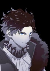 Rule 34 | 1boy, bartholomew roberts (fate), black background, black hair, blue eyes, buttons, close-up, closed mouth, collar, fate/grand order, fate (series), forehead, frilled collar, frills, fur-trimmed vest, fur trim, hair slicked back, highres, looking at viewer, male focus, smile, solo, spot color, upper body, urup zzz, vest