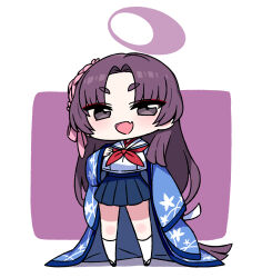 Rule 34 | 1girl, blue archive, blue skirt, blush, chan co, chibi, fang, floral print, full body, halo, japanese clothes, long hair, long sleeves, neckerchief, open mouth, pleated skirt, purple hair, red neckerchief, skin fang, skirt, socks, solo, standing, very long hair, white socks, wide sleeves, yukari (blue archive)