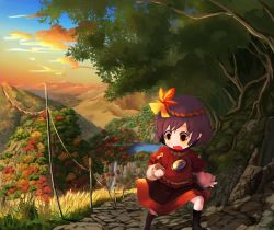 Rule 34 | 1girl, black legwear, blue sky, city, cloud, commentary request, fence, grass, hair ornament, highres, lake, landscape, leaf hair ornament, long sleeves, mountain, nature, open mouth, orange sky, outdoors, purple hair, red shirt, revision, road, rope, shirt, short hair, skirt, sky, solo, standing, tatuhiro, touhou, yasaka kanako, yellow eyes, aged down