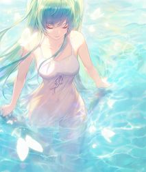 Rule 34 | 1girl, bad id, bad pixiv id, covered navel, dress, eyelashes, closed eyes, green hair, hatsune miku, highres, kimroy, long hair, partially submerged, solo, very long hair, vocaloid, wading, water, wet, wet clothes, white dress