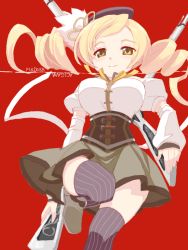 Rule 34 | 10s, 1girl, bad drawr id, bad id, beret, blonde hair, blush, boots, breasts, brown thighhighs, detached sleeves, drawr, drill hair, dual wielding, gun, hair ornament, hairpin, hat, holding, large breasts, looking at viewer, magical girl, magical musket, mahou shoujo madoka magica, mahou shoujo madoka magica (anime), oekaki, pleated skirt, puffy sleeves, red background, ribbon, rifle, shirt, simple background, skirt, smile, solo, striped clothes, striped thighhighs, taut clothes, taut shirt, thighhighs, tomoe mami, twin drills, twintails, vertical-striped clothes, vertical-striped thighhighs, weapon, yellow eyes, zettai ryouiki