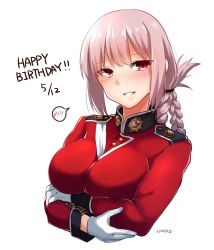 Rule 34 | 1girl, artist name, blush, braid, breasts, crossed arms, dated, english text, fate/grand order, fate (series), florence nightingale (fate), gloves, happy birthday, highres, ichiren namiro, large breasts, pink hair, red eyes, single braid, smile, solo, spoken blush, uniform, upper body