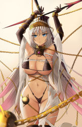 Rule 34 | 1girl, absurdres, armpits, arms up, bare shoulders, bikini, black bikini, black gloves, black thighhighs, blue eyes, breasts, chain, cleavage, crown, cuffs, dark-skinned female, dark skin, elbow gloves, fate/grand order, fate (series), gloves, grey hair, highleg, highleg bikini, highres, jewelry, kcar66t, large breasts, long hair, looking at viewer, navel, neck ring, polearm, solo, spear, swimsuit, sword, thighhighs, thighs, weapon, zenobia (fate)