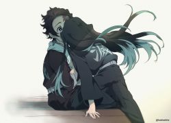 Rule 34 | 2boys, :p, aqua eyes, aqua hair, arm support, belt, black hair, black legwear, black pants, brown hair, clothes writing, covered mouth, dalc rose, demon slayer uniform, earrings, facing away, floating hair, highres, implied kiss, jewelry, kamado tanjirou, kimetsu no yaiba, leaning forward, long hair, long sleeves, looking at another, male focus, multicolored hair, multiple boys, on one knee, one eye covered, pants, red eyes, sandals, scar, scar on face, scar on forehead, shoe soles, simple background, sitting, sleeves rolled up, solo, streaked hair, surprised, sweat, tabi, tokitou muichirou, tongue, tongue out, towel, towel around neck, twitter username, very long hair, yaoi, zouri
