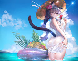 Rule 34 | 1girl, animal ear fluff, animal ears, arm at side, ass, banana, bare arms, bare shoulders, black hair, blue eyes, blue sky, blush, braid, braided ponytail, breasts, cat ears, cat girl, cat tail, clothing cutout, cloud, cloudy sky, cowboy shot, day, dress, eyelashes, fingernails, flower, food, from behind, fruit, fruit basket, hair between eyes, hand on thigh, hand up, hat, hibiscus, highres, hitowa, holding, holding flower, horizon, innertube, leaf, legs together, light rays, long hair, looking at viewer, looking back, nail polish, ocean, original, outdoors, parted lips, partially submerged, pear, pineapple, purple hair, red flower, see-through, see-through silhouette, shoulder blades, sidelocks, single braid, sky, sleeveless, sleeveless dress, small breasts, solo, spaghetti strap, standing, straw hat, sun, sun hat, sundress, sunlight, swim ring, tail, tail raised, tail through clothes, thighs, twisted torso, wading, water, wet, white dress, white nails