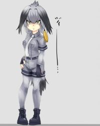 Rule 34 | 10s, 1girl, belt, bird tail, black gloves, black hair, fingerless gloves, full body, gloves, grey background, grey hair, grey shirt, grey shorts, hand on own hip, kemono friends, long hair, looking at viewer, low ponytail, multicolored hair, necktie, orange hair, shirt, shoebill (kemono friends), short sleeves, shorts, side ponytail, simple background, sman, solo, standing, staring, tail, white necktie, yellow eyes