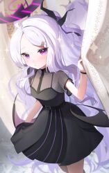 Rule 34 | 1girl, ahoge, belt, black dress, blue archive, blush, bracelet, collarbone, commentary request, curtains, demon girl, demon horns, demon wings, dress, fitting room, forehead, hair ornament, hairclip, halo, highres, hina (blue archive), horns, indoors, jewelry, long hair, looking at viewer, mirror, official alternate costume, oomabiblogo2, parted bangs, parted lips, purple eyes, revision, see-through, see-through dress, short sleeves, sidelocks, solo, trying on clothes, wavy hair, white hair, wings
