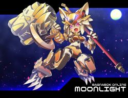 Rule 34 | 1girl, android, cannon, character name, claws, clenched hand, commentary request, commission, copyright name, crossover, fang, full body, haiteku reibou, highres, holding, holding staff, letterboxed, looking at viewer, mecha musume, mechanical arms, mechanical ears, mechanical legs, mechanization, moon, moonlight flower, night, open mouth, ragnarok online, red eyes, mega man (series), science fiction, second-party source, skeb commission, skin fang, solo, staff