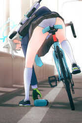 Rule 34 | 1girl, absurdres, accidental exposure, animal ears, aqua necktie, ass, bicycle, black footwear, black skirt, blue archive, blue eyes, blue jacket, bottle, checkered clothes, checkered skirt, clothes lift, commentary, day, gloves, green gloves, halo, highres, jacket, legs, long sleeves, looking down, necktie, outdoors, panties, pantyshot, riding, riding bicycle, road, shiroko (blue archive), shoes, short hair, skirt, skirt lift, sneakers, socks, solo, street, tanatonkub, thighs, underwear, water bottle, white hair, white panties, white socks, wolf ears