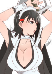 Rule 34 | 1girl, arm over head, black hair, breasts, butcha-u, choker, cleavage, commentary request, grey eyes, highres, iroha (samurai spirits), japanese clothes, kimono, large breasts, looking to the side, maid, maid headdress, open mouth, samurai spirits, short hair, sleeveless, sleeveless kimono, snk, solo