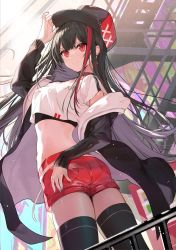 Rule 34 | 1girl, black hair, blush, choker, crop top, earrings, hair ornament, hat, highres, jacket, jacket partially removed, jewelry, long hair, necomi, original, outdoors, red eyes, red hair, red shorts, shorts, smile, solo, thighhighs, thighs
