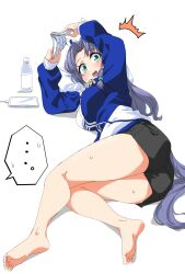 Rule 34 | 1girl, barefoot, blush, book, bottle, cellphone, feet, godolphin barb (umamusume), highres, horse tail, long hair, looking at viewer, lying, on side, open mouth, phone, shorts, smartphone, soles, tail, toes, umamusume, water bottle
