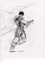 Rule 34 | 1boy, absurdres, armor, attack, berserk, boots, breastplate, cape, commentary, dragonslayer (sword), english commentary, faulds, fingerless gloves, floating cape, gloves, greyscale, guts (berserk), highres, holding, holding sword, holding weapon, ink (medium), inktober, long sword, male focus, manuel castanon, monochrome, pants, pauldrons, pointy ears, scan, short hair, shoulder armor, simple background, solo, standing, standing on one leg, sword, thigh strap, traditional media, weapon, white background