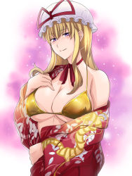 Rule 34 | 1girl, alternate costume, bad id, bad pixiv id, bare shoulders, blonde hair, bra, breasts, covered erect nipples, female focus, gradient background, hat, japanese clothes, kimono, large breasts, lingerie, long hair, off shoulder, satou souji, smile, solo, touhou, underwear, undressing, white background, yakumo yukari, yellow bra
