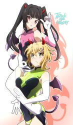 Rule 34 | 2girls, akatsuki kirika, black hair, blonde hair, blush, breasts, closed mouth, commentary request, demon girl, demon horns, demon wings, elbow gloves, fake horns, fake tail, fake wings, gloves, green hair, hair ornament, highres, horns, large breasts, leotard, long hair, looking at another, looking at viewer, multiple girls, open mouth, pink eyes, senki zesshou symphogear, short hair, small breasts, tail, tanashi (mk2), tsukuyomi shirabe, twintails, wings, x hair ornament