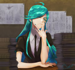 Rule 34 | alexandrite (houseki no kuni), androgynous, aqua eyes, aqua hair, aqua nails, book, frown, gender request, hand on own face, houseki no kuni, looking to the side, nail polish, necktie, ojo aa, other focus, paper, thick eyebrows, uniform