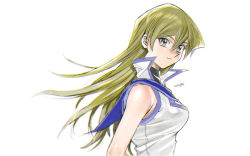 Rule 34 | 1girl, 203wolves, black shirt, blonde hair, breasts, closed mouth, duel academy uniform (yu-gi-oh! gx), floating hair, hair between eyes, highres, jacket, long hair, medium breasts, shirt, signature, simple background, sleeveless, sleeveless jacket, sleeveless shirt, solo, straight hair, tenjouin asuka, turtleneck, upper body, very long hair, white background, white jacket, yellow eyes, yu-gi-oh!, yu-gi-oh! gx