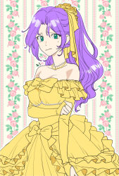 Rule 34 | 1girl, bare shoulders, breasts, closed mouth, dress, faris scherwiz, final fantasy, final fantasy v, floral background, green eyes, jewelry, long hair, looking at viewer, necklace, non (nonbiriya mini), purple hair, solo, yellow dress
