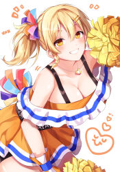 Rule 34 | 1girl, absurdres, bad id, bad pixiv id, bare shoulders, black shorts, blonde hair, blush, breasts, brown eyes, cheerleader, cleavage, collarbone, commentary request, goroo (eneosu), grin, hair between eyes, hair ornament, hairclip, heart, highres, large breasts, looking at viewer, love live!, love live! nijigasaki high school idol club, miyashita ai, notice lines, orange shirt, orange skirt, pleated skirt, pom pom (cheerleading), shirt, short shorts, shorts, shorts under skirt, side ponytail, simple background, skirt, smile, solo, white background