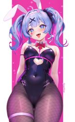 Rule 34 | 1girl, ahoge, animal ears, arms behind back, bare shoulders, blue eyes, blue hair, bow, bowtie, breasts, clothing cutout, covered navel, cowboy shot, cutout above navel, fake animal ears, fangs, finn flint, fishnet pantyhose, fishnets, hair ornament, hairband, hatsune miku, heart, heart-shaped pupils, heart ahoge, heart cutout, highres, leotard, long hair, medium breasts, multicolored hair, necktie, pantyhose, pink background, pink hair, pink pupils, playboy bunny, rabbit ears, rabbit hair ornament, rabbit hole (vocaloid), red bow, red bowtie, red necktie, solo, spaghetti strap, streaked hair, symbol-shaped pupils, tongue, tongue out, twintails, two-tone hair, white hairband, x hair ornament