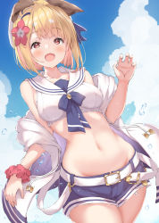 Rule 34 | 1girl, :d, absurdres, animal ears, belt, blonde hair, blue ribbon, blue shorts, blue sky, blunt bangs, blush, breasts, cloud, collarbone, commentary request, cowboy shot, day, dog ears, erune, flower, granblue fantasy, hair flower, hair ornament, hat, highres, hood, hood down, hooded jacket, jacket, lens flare, looking at viewer, midriff, navel, neck ribbon, open clothes, open jacket, open mouth, outdoors, paw print, red eyes, ribbon, sailor bikini, sailor collar, sailor hat, scrunchie, short hair, shorts, sidelocks, sky, sleeveless, sleeveless jacket, smile, solo, standing, swimsuit, ukiwakisen, vajra (granblue fantasy), vajra (summer) (granblue fantasy), white belt, white hat, white jacket, white sailor collar, wrist scrunchie