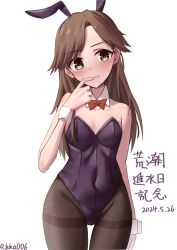 Rule 34 | 1girl, absurdres, animal ears, arashio (kancolle), bare shoulders, black leotard, black pantyhose, bow, bowtie, breasts, brown eyes, brown hair, covered navel, cowboy shot, dated, detached collar, fake animal ears, highres, kantai collection, leotard, long hair, looking at viewer, pantyhose, playboy bunny, rabbit ears, rikka006, signature, small breasts, smile, solo, strapless, strapless leotard, traditional bowtie, white background, wrist cuffs