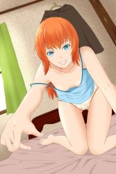 Rule 34 | 1girl, all fours, bare shoulders, barefoot, bed, bed sheet, bedroom, blue eyes, blush, breasts, curtains, downblouse, dutch angle, gluteal fold, grin, indoors, long hair, looking at viewer, no bra, off shoulder, on bed, orange hair, original, panties, parted lips, pillow, small breasts, smile, solo, sora (centersky), strap slip, tank top, teeth, underwear, wings