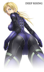 Rule 34 | 1girl, ass, blonde hair, blue eyes, bodysuit, breasts, capcom, female focus, jill valentine, long hair, looking back, looking down, open mouth, ponytail, resident evil, resident evil 5, simple background, solo, thor (deep rising), white background