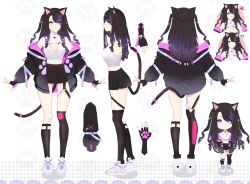 Rule 34 | 1girl, animal ears, artist request, bad id, bad twitter id, black gloves, black hair, black jacket, black skirt, breasts, cat ears, cat girl, cat tail, character sheet, chibi, cleavage cutout, clothing cutout, fingerless gloves, fish (food), food, gloves, highres, indie virtual youtuber, jacket, medium breasts, mixed-language commentary, multiple views, off shoulder, open hands, sashimi, shimotsuki miri, shoes, skirt, sneakers, suwaa sagryuu, tail, two side up, virtual youtuber, white footwear