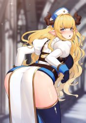 Rule 34 | 1girl, ass, black thighhighs, blonde hair, blue eyes, blurry, blush, breasts, depth of field, draph, from behind, gloves, granblue fantasy, hair intakes, hat, horns, kourui, large breasts, long hair, looking back, pelvic curtain, pointy ears, puffy sleeves, razia, solo, thighhighs, thighs, very long hair, wavy hair