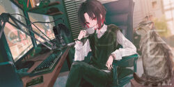 Rule 34 | 1girl, animal, black hair, black pants, blurry, blurry background, brown eyes, cat, cellphone, chair, collared shirt, commentary request, controller, cup, depth of field, dress shirt, ear piercing, game controller, hand up, highres, holding, holding cup, indoors, keyboard (computer), kisaragi ren (vtuber), looking at viewer, makihitsuji, microphone, monitor, mouse (computer), mousepad (object), multicolored hair, office chair, official art, on chair, pants, parted bangs, phone, piercing, red eyes, red hair, sample watermark, shirt, smile, solo, sweater vest, swivel chair, two-tone hair, virtual youtuber, vspo!, watermark, white shirt