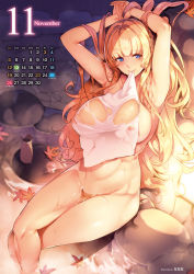 Rule 34 | 1girl, armpits, arms up, artist name, blonde hair, blue eyes, bottle, braid, breasts, calendar, comic exe, covering privates, crossed legs, female pubic hair, french braid, from above, highres, large breasts, leaf, long hair, maple leaf, master piece the animation, mature female, mira (master piece), mole, mole under mouth, mouth hold, naked towel, nanao (mahaya), november, nude cover, onsen, outdoors, pubic hair, sake bottle, see-through, sitting, smile, soaking feet, solo, steam, towel, tray, very long hair, wakamezake, wet