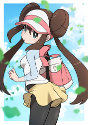 Rule 34 | 1girl, absurdres, arched back, ayakadegozans, blurry, border, bow, breasts, bright pupils, brown hair, cloud, commentary request, creatures (company), day, double bun, falling leaves, game freak, green eyes, hair bun, highres, leaf, leaning forward, long hair, looking to the side, nintendo, outdoors, pantyhose, pantyhose under shorts, pink bow, pokemon, pokemon bw2, raglan sleeves, rosa (pokemon), short shorts, shorts, sky, solo, twintails, visor cap, white border, white pupils, yellow shorts