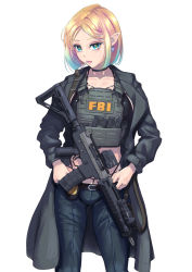 Rule 34 | 1girl, ammunition pouch, aqua eyes, aqua hair, assault rifle, badge, belt, black coat, blonde hair, camisole, choker, coat, contemporary, denim, earrings, fbi, fn fnc, gradient hair, gun, gun sling, highleg, highleg panties, highres, jeans, jewelry, long coat, looking at viewer, magazine (weapon), midriff, multicolored hair, nenchi, original, panties, pants, parted hair, bulletproof vest, pointy ears, pouch, rifle, short hair, simple background, solo, standing, tight clothes, tight pants, underwear, weapon, white background
