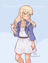 Rule 34 | 1girl, belt, blonde hair, blue background, blush, bookmarkahead, breasts, character name, choker, closed mouth, glasses, highres, long hair, miniskirt, perrine h. clostermann, simple background, skirt, small breasts, solo, standing, strike witches, world witches series, yellow eyes